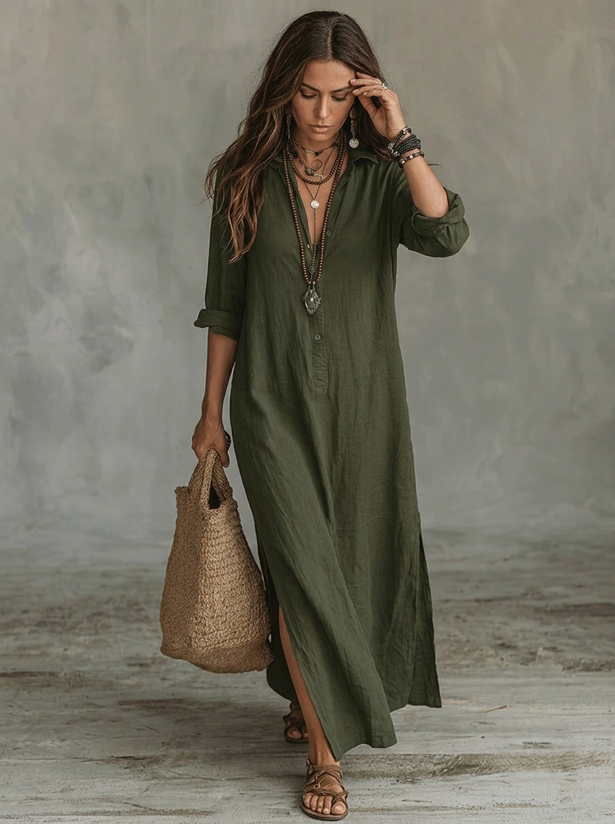 Women's Maxi Shirt Dress with Long Sleeves, Collar and Side Slit