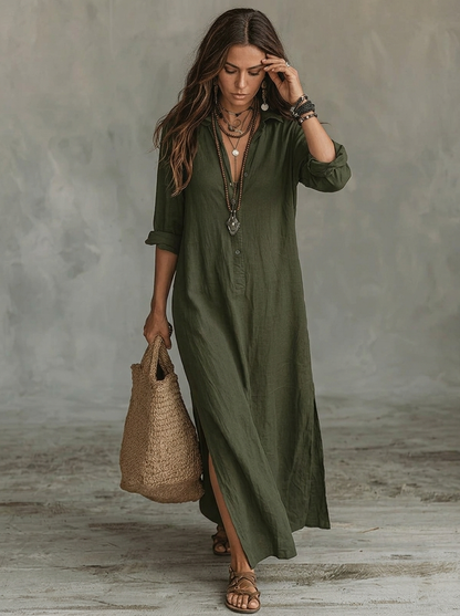 Women's Maxi Shirt Dress with Long Sleeves, Collar and Side Slit