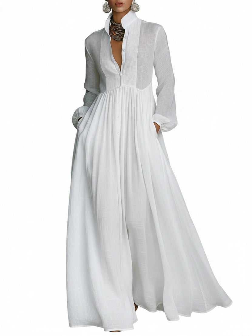 Women's Maxi Shirt Dress with Long Sleeves, Stand Collar and Button Closure