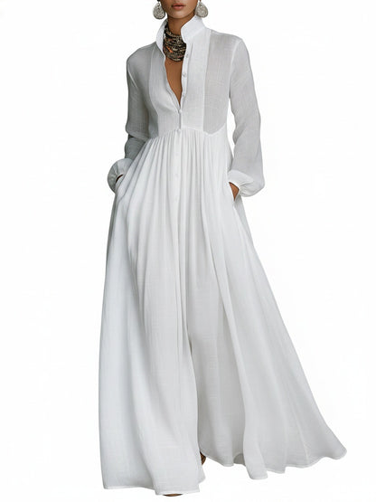 Women's Maxi Shirt Dress with Long Sleeves, Stand Collar and Button Closure