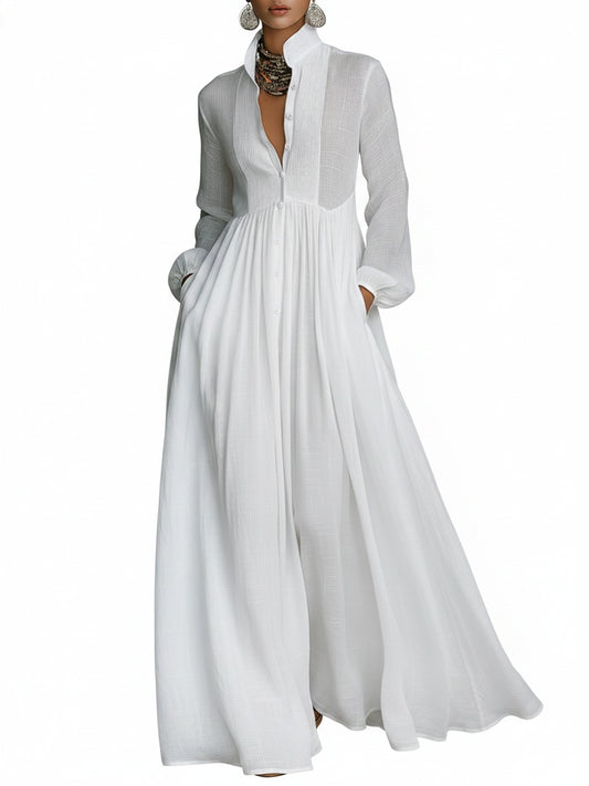 Women's Maxi Shirt Dress with Long Sleeves, Stand Collar and Button Closure