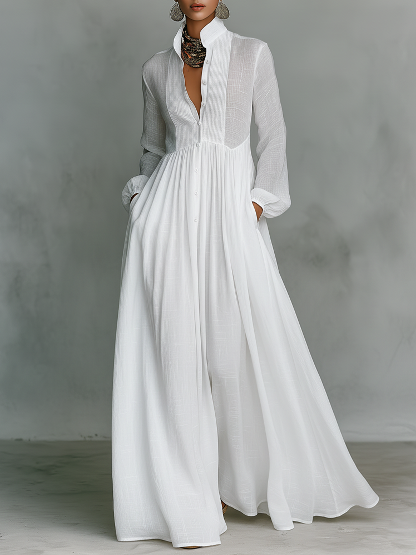 Women's Maxi Shirt Dress with Long Sleeves, Stand Collar and Button Closure
