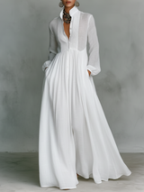 Women's Maxi Shirt Dress with Long Sleeves, Stand Collar and Button Closure