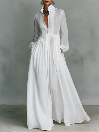 Women's Maxi Shirt Dress with Long Sleeves, Stand Collar and Button Closure