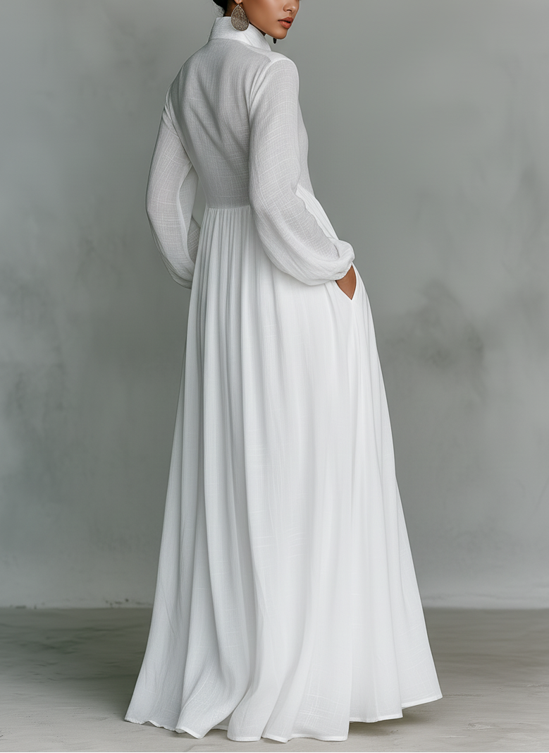 Women's Maxi Shirt Dress with Long Sleeves, Stand Collar and Button Closure