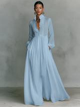 Women's Maxi Shirt Dress with Long Sleeves, Stand Collar and Button Closure