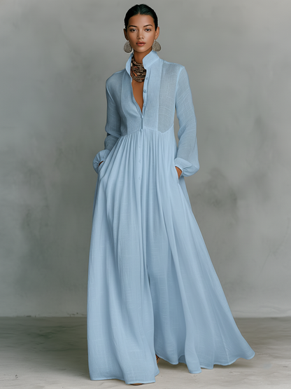 Women's Maxi Shirt Dress with Long Sleeves, Stand Collar and Button Closure