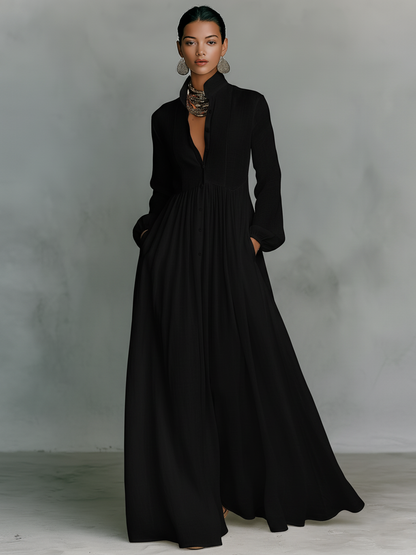 Women's Maxi Shirt Dress with Long Sleeves, Stand Collar and Button Closure