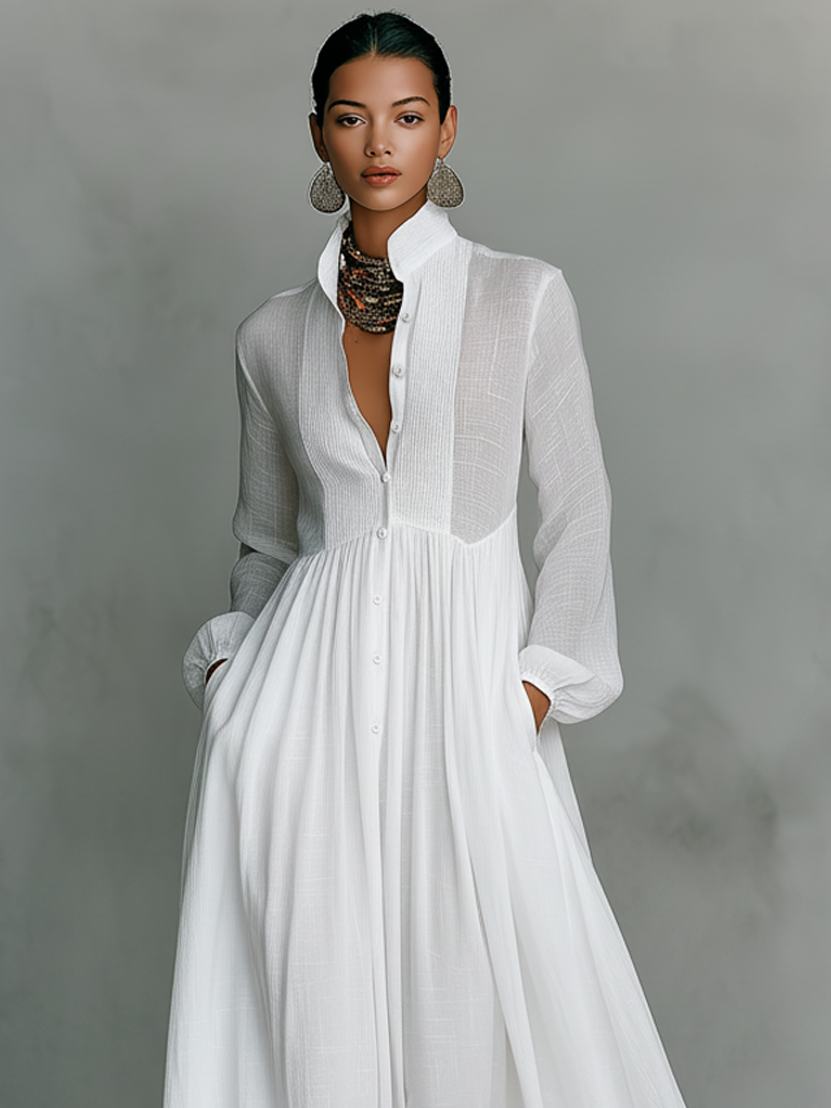 Women's Maxi Shirt Dress with Long Sleeves, Stand Collar and Button Closure
