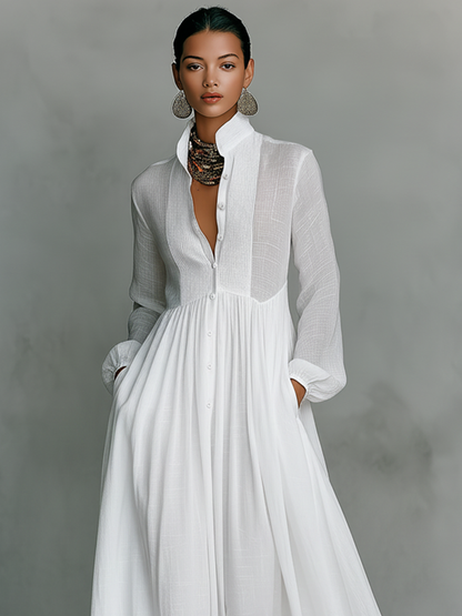 Women's Maxi Shirt Dress with Long Sleeves, Stand Collar and Button Closure