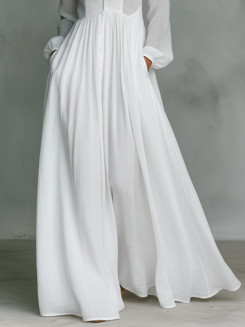 Women's Maxi Shirt Dress with Long Sleeves, Stand Collar and Button Closure