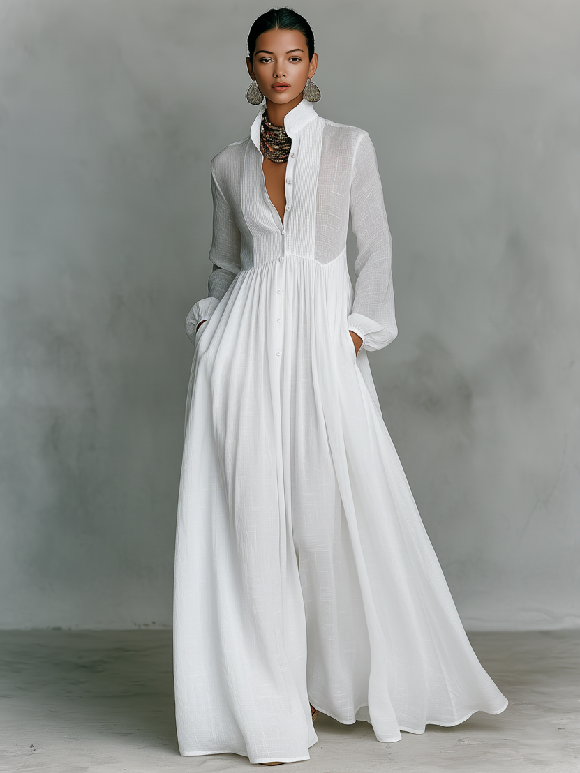 Women's Maxi Shirt Dress with Long Sleeves, Stand Collar and Button Closure