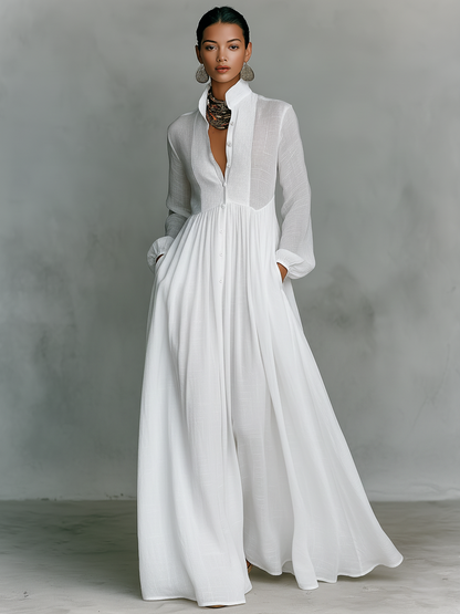Women's Maxi Shirt Dress with Long Sleeves, Stand Collar and Button Closure