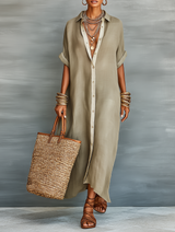 Women's Maxi Shirt Dress with Short Sleeves and Button-Down Collar