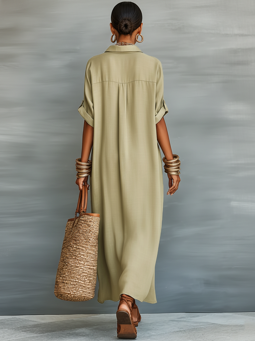 Women's Maxi Shirt Dress with Short Sleeves and Button-Down Collar
