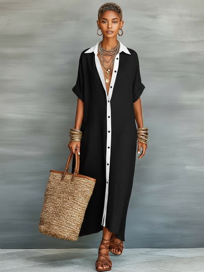 Women's Maxi Shirt Dress with Short Sleeves and Button-Down Collar