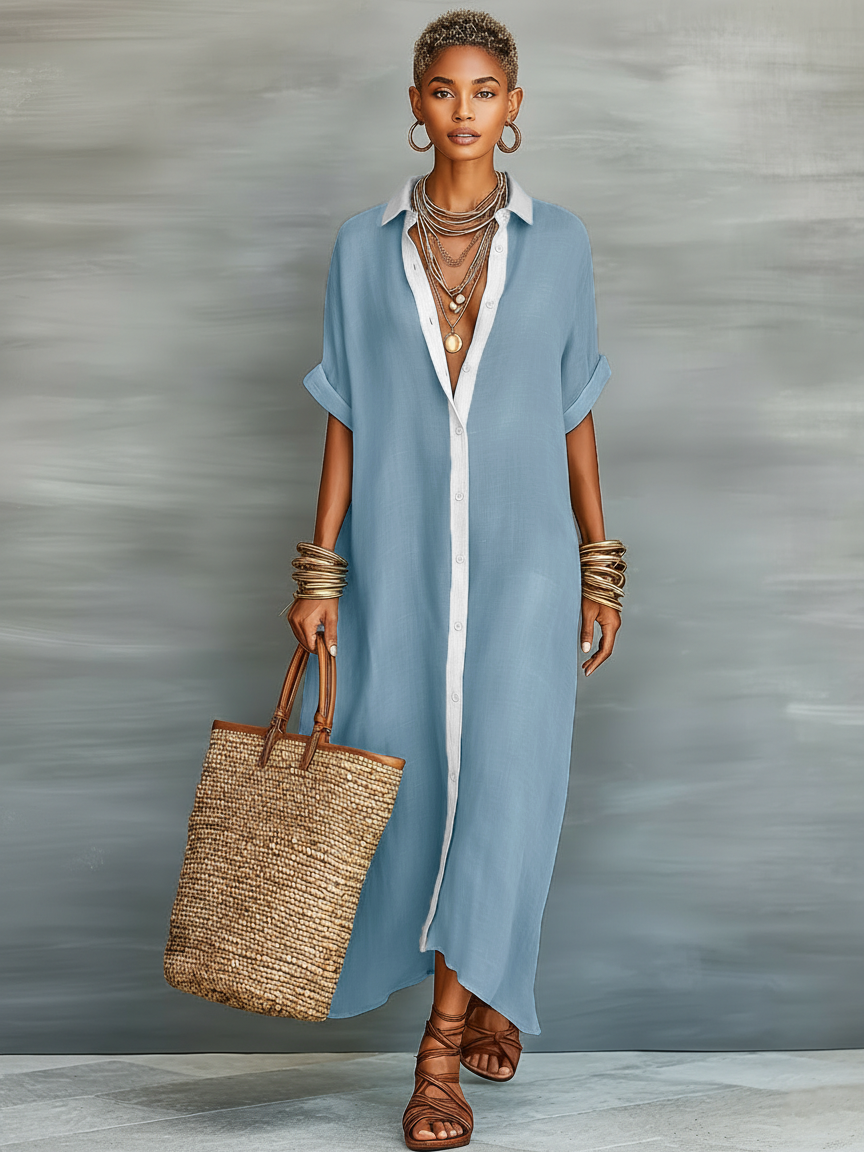 Women's Maxi Shirt Dress with Short Sleeves and Button-Down Collar