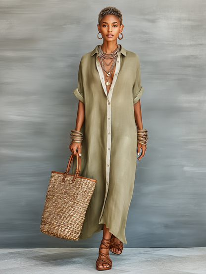Women's Maxi Shirt Dress with Short Sleeves and Button-Down Collar