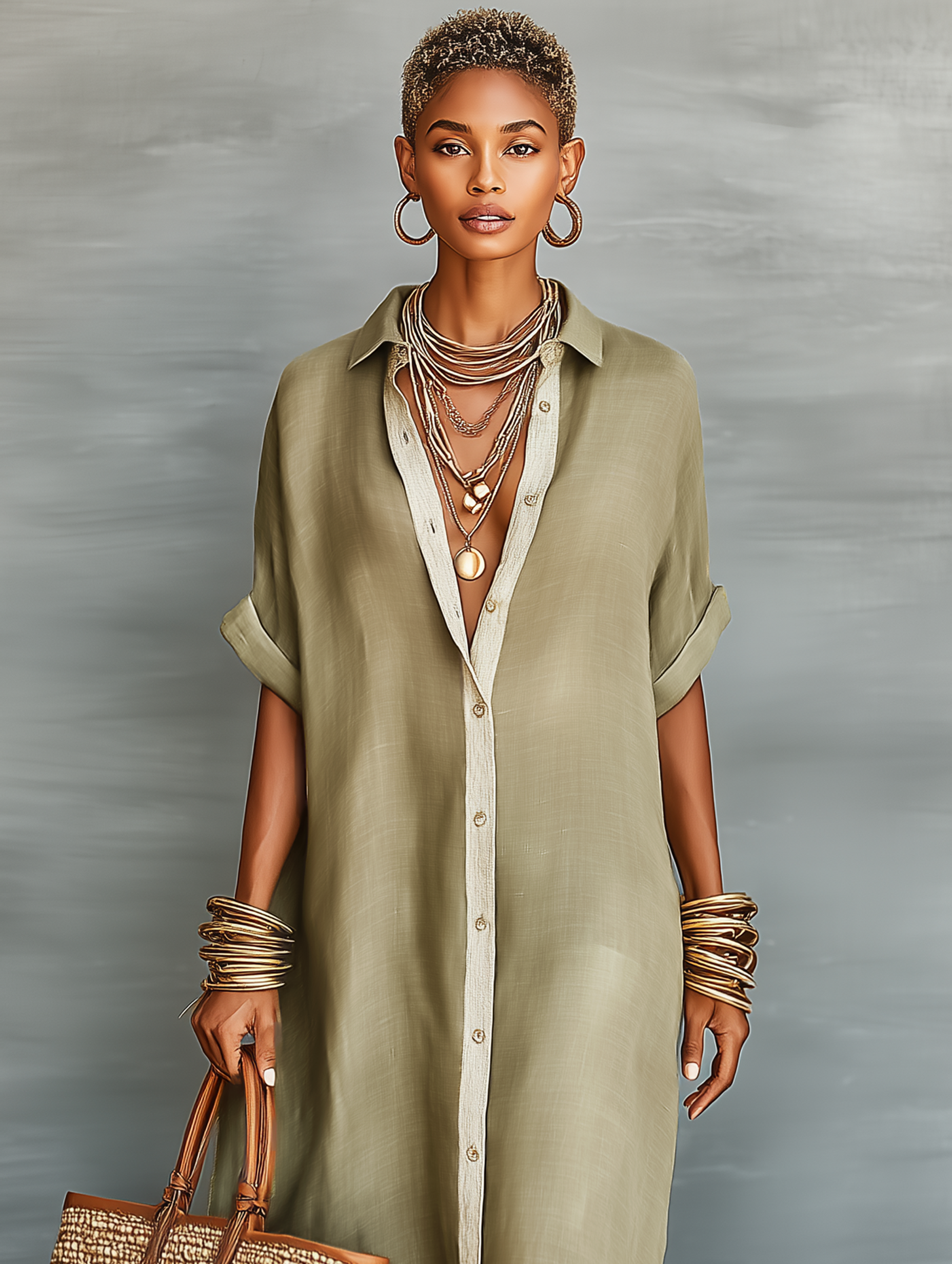 Women's Maxi Shirt Dress with Short Sleeves and Button-Down Collar