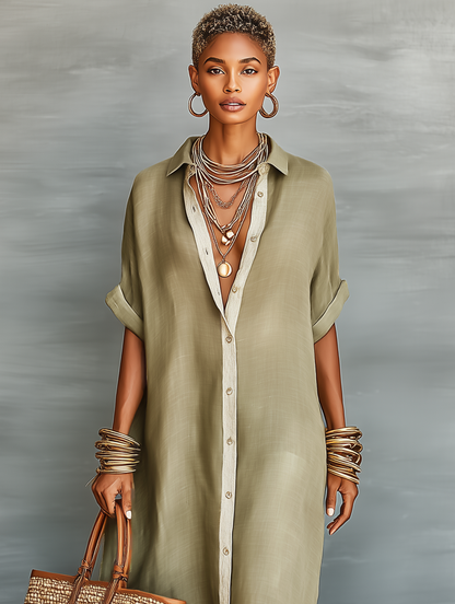 Women's Maxi Shirt Dress with Short Sleeves and Button-Down Collar
