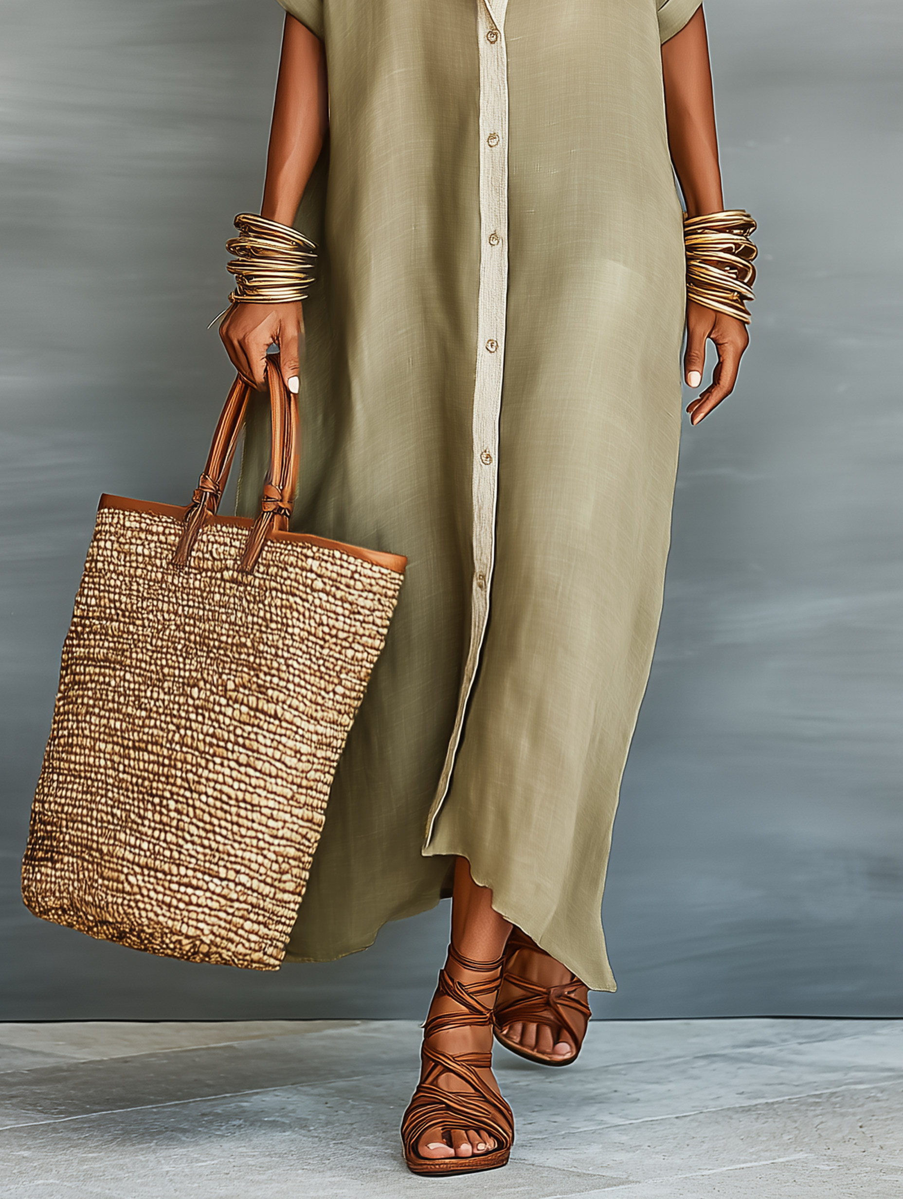 Women's Maxi Shirt Dress with Short Sleeves and Button-Down Collar