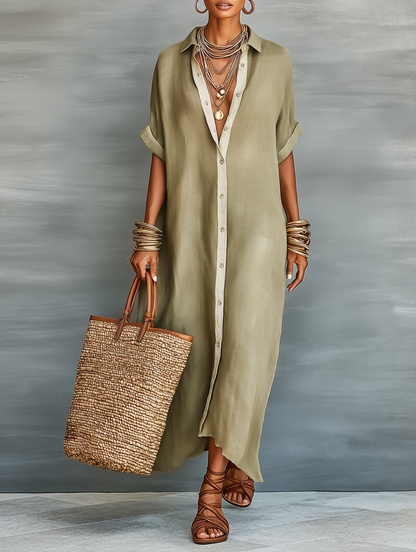 Women's Maxi Shirt Dress with Short Sleeves and Button-Down Collar