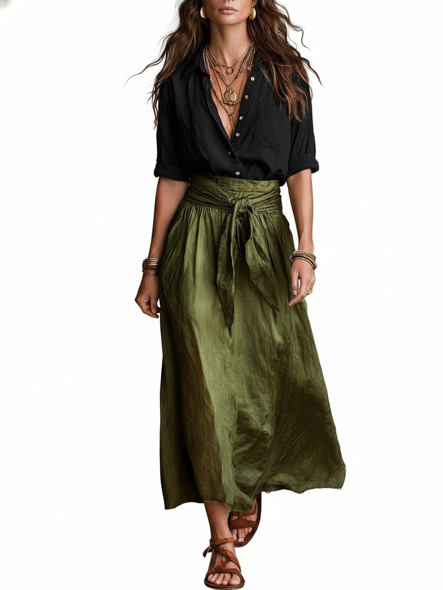 Women's Maxi Skirt and Shirt Two-Piece Set with High Waist Tie Belt