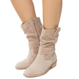 Women's Mid-Calf Slouch Boots with Low Block Heel and Round Toe