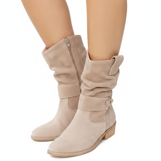 Women's Mid-Calf Slouch Boots with Low Block Heel and Round Toe