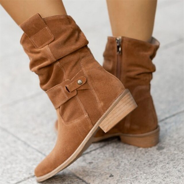 Women's Mid-Calf Slouch Boots with Low Block Heel and Round Toe