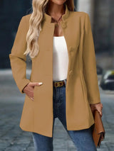 Women's Mid-Length Jacket with Stand Collar and Button Closure
