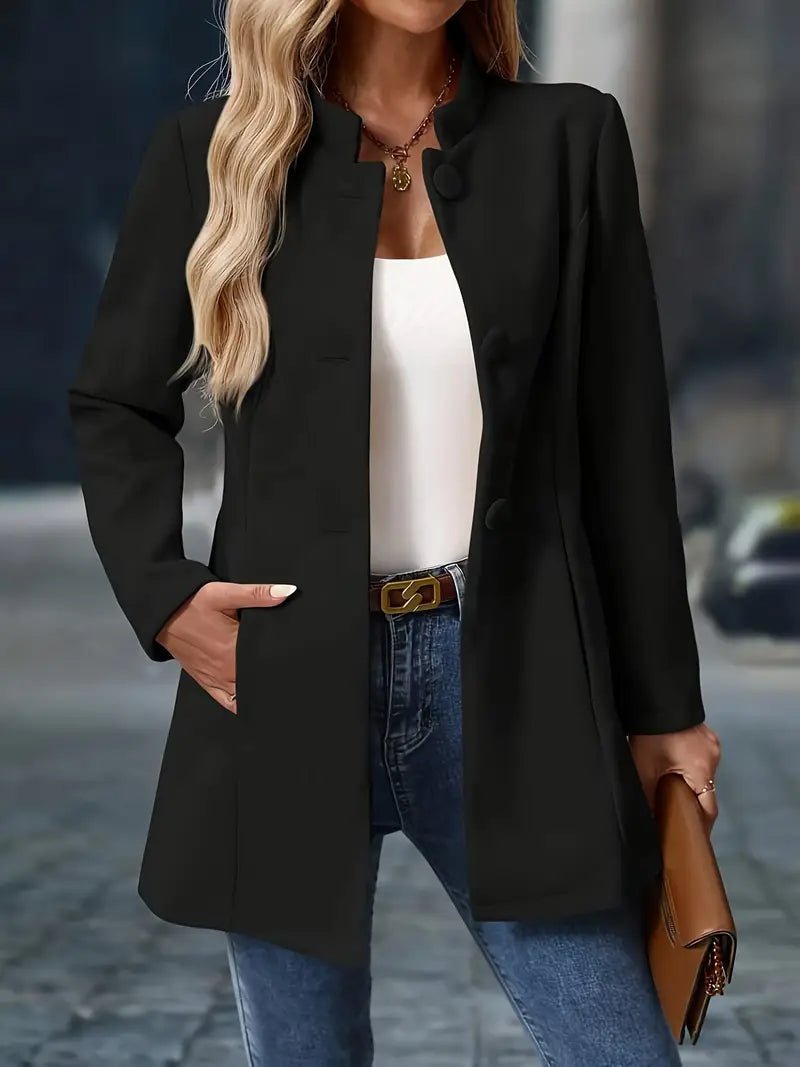 Women's Mid-Length Jacket with Stand Collar and Button Closure