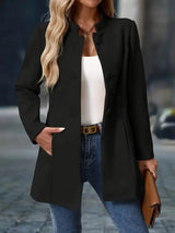 Women's Mid-Length Jacket with Stand Collar and Button Closure