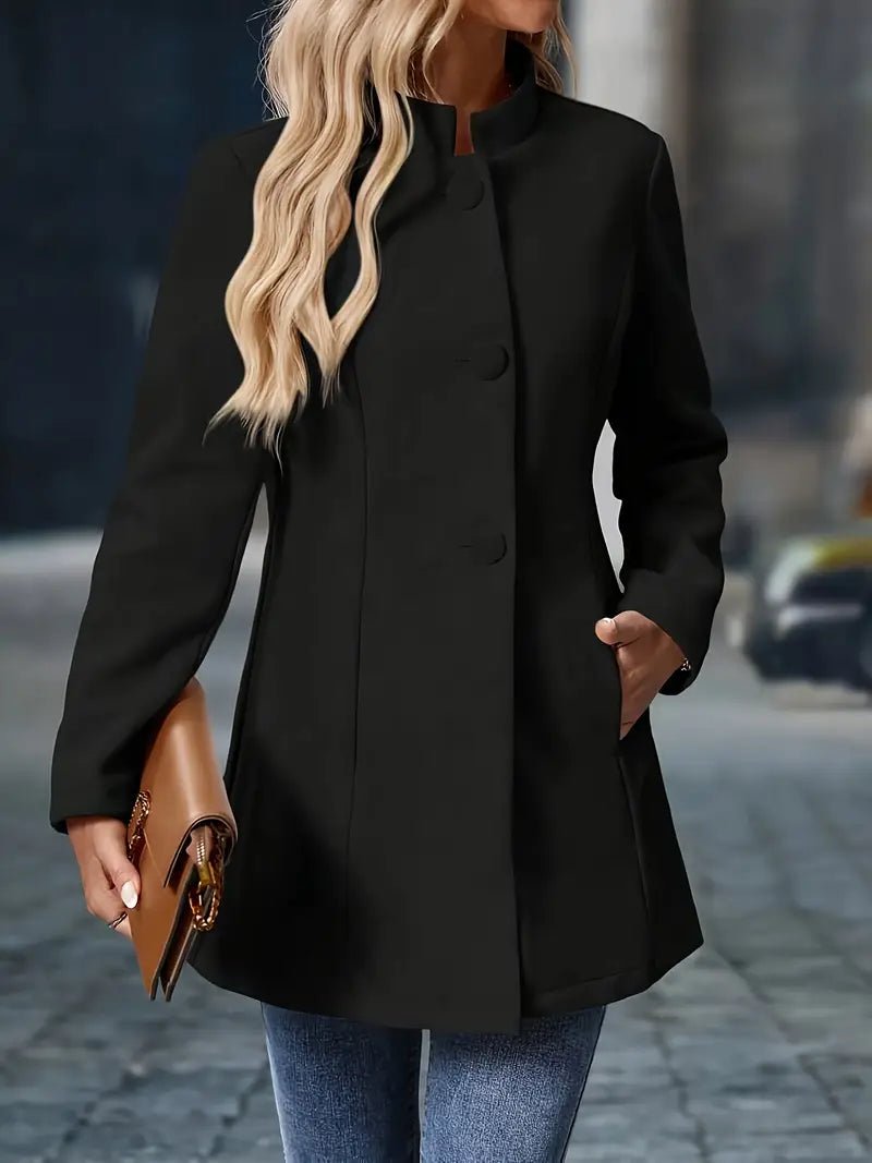Women's Mid-Length Jacket with Stand Collar and Button Closure