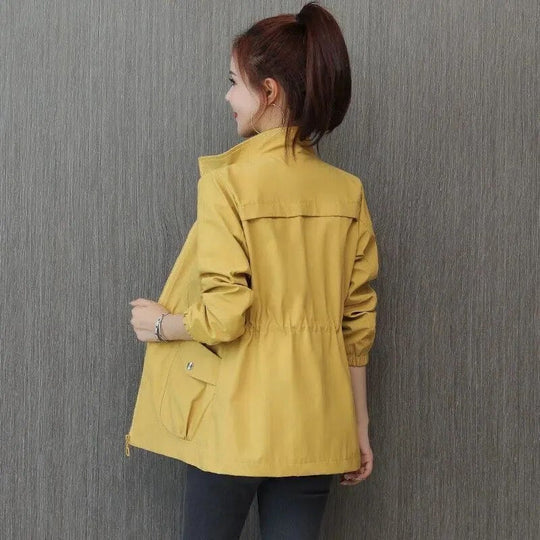 Women's Mid-Season Jacket with Stand Collar, Drawstring Waist and Zip Closure