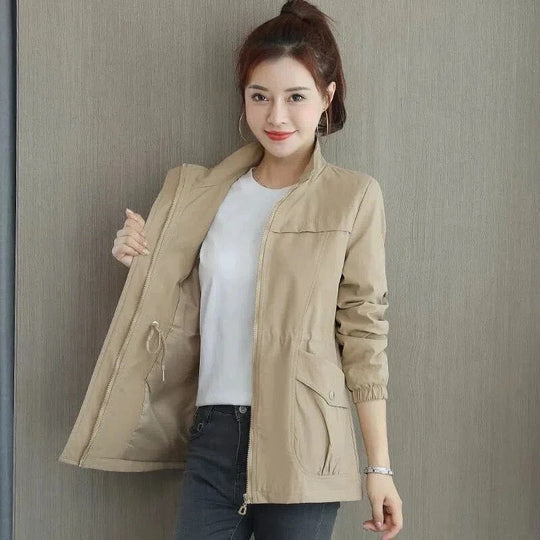 Women's Mid-Season Jacket with Stand Collar, Drawstring Waist and Zip Closure