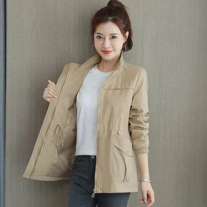 Women's Mid-Season Jacket with Stand Collar, Drawstring Waist and Zip Closure