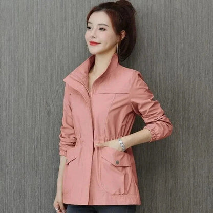 Women's Mid-Season Jacket with Stand Collar, Drawstring Waist and Zip Closure