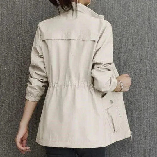 Women's Mid-Season Jacket with Stand Collar, Drawstring Waist and Zip Closure