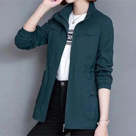 Women's Mid-Season Jacket with Stand Collar, Drawstring Waist and Zip Closure