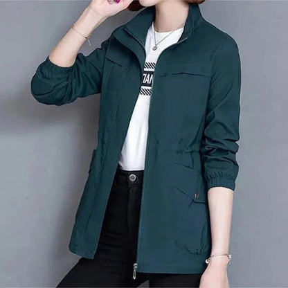 Women's Mid-Season Jacket with Stand Collar, Drawstring Waist and Zip Closure