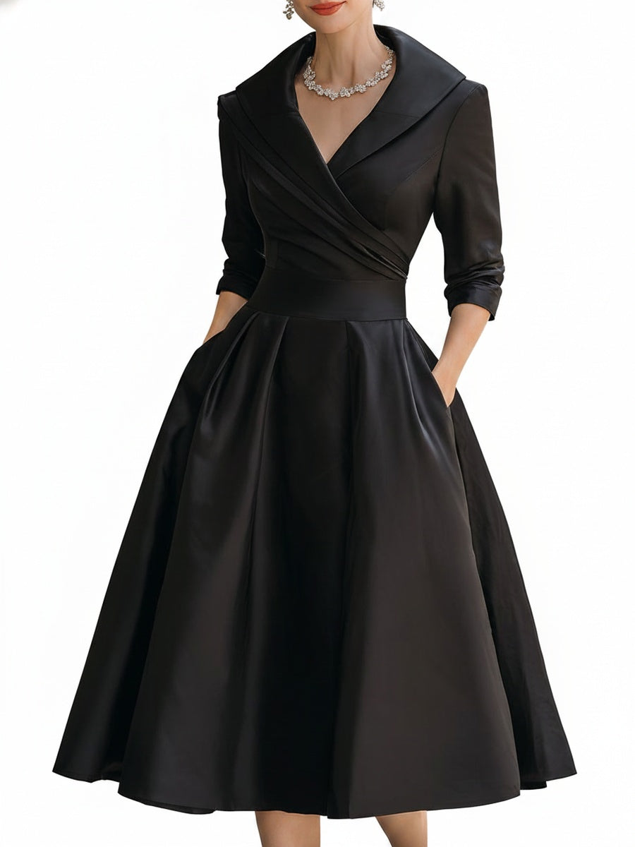 Women's Midi Cocktail Dress with V-Neck, Wrap Bodice and A-Line Skirt