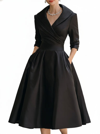 Women's Midi Cocktail Dress with V-Neck, Wrap Bodice and A-Line Skirt