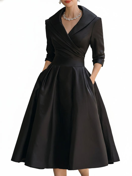 Women's Midi Cocktail Dress with V-Neck, Wrap Bodice and A-Line Skirt