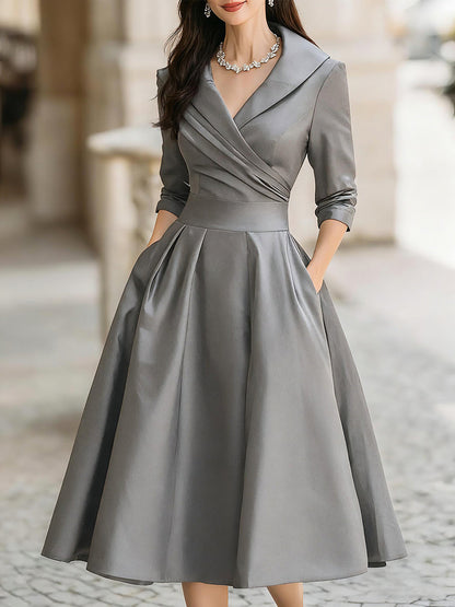 Women's Midi Cocktail Dress with V-Neck, Wrap Bodice and A-Line Skirt