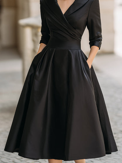 Women's Midi Cocktail Dress with V-Neck, Wrap Bodice and A-Line Skirt