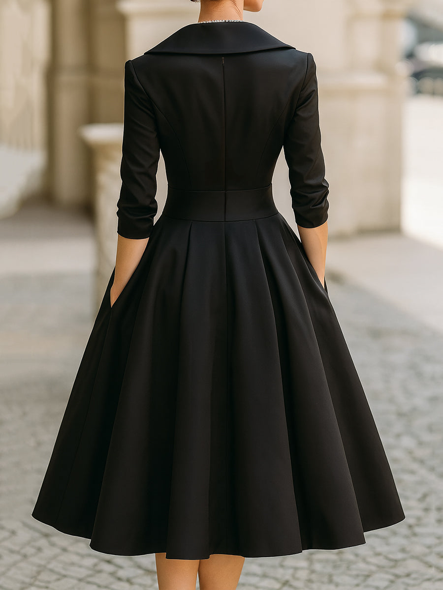 Women's Midi Cocktail Dress with V-Neck, Wrap Bodice and A-Line Skirt