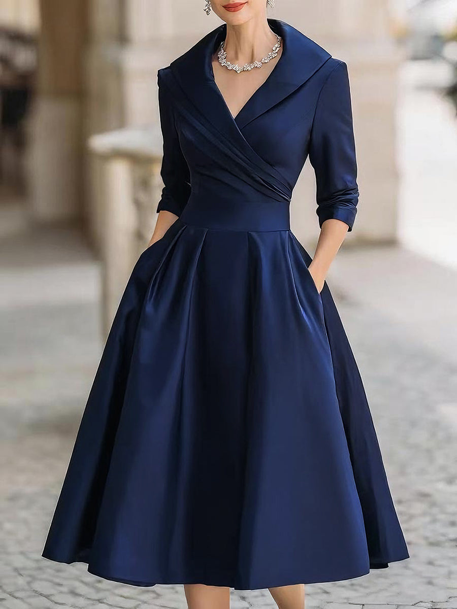 Women's Midi Cocktail Dress with V-Neck, Wrap Bodice and A-Line Skirt