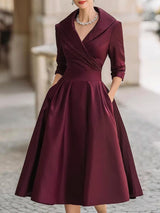 Women's Midi Cocktail Dress with V-Neck, Wrap Bodice and A-Line Skirt