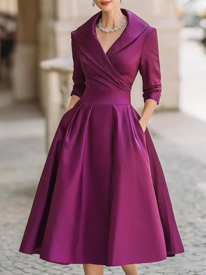 Women's Midi Cocktail Dress with V-Neck, Wrap Bodice and A-Line Skirt